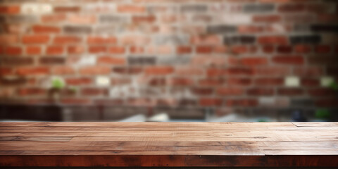 Empty wooden table over blur brick wall background, product display montage