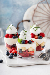 Pound cake and berries layered dessert in a cup, dessert in a glass