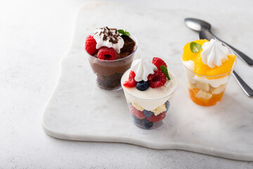 Variety of dessert in cups, individual desserts in cups