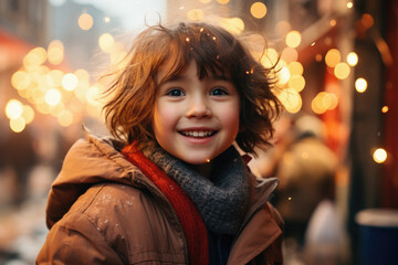 Portrait of a cute little boy on the background of a Christmas market.