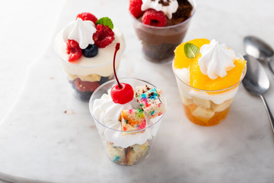 Variety of dessert in cups, individual desserts in cups