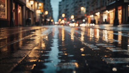 Abstract urban background. Lights and shadows of city. Streets after rain with reflections on wet asphalt. Ai Generative - obrazy, fototapety, plakaty