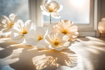 Elegant paper flower setting in a sunlit room, soft shadows playing on the textured surface, delicate blossoms casting dappled reflections