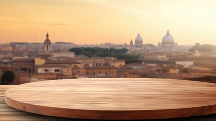 The empty wooden table top with blur background of Rome street. Generative AI image AIG30.