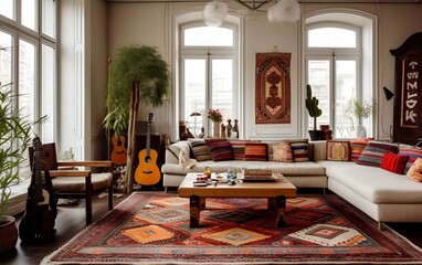 Interior of living room in oriental style with folk carpet. Cozy living room with white couch and bright decoration. - obrazy, fototapety, plakaty