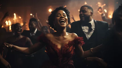 Gardinen Beautiful black woman smiling and dancing in a party © Neat Design Studio