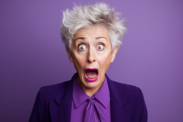 Stylish, elderly woman in a business suit with a surprised, frightened face, time for change. Portrait of a woman on a purple background