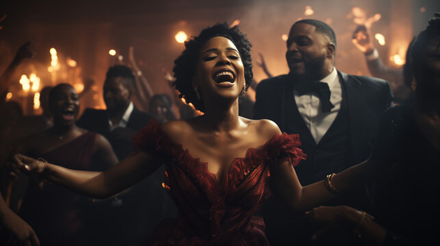 Beautiful black woman smiling and dancing in a party