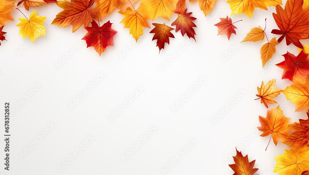 Poster fall leaves and borders on a white background with white space for text generative ai