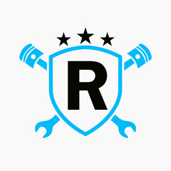 Repair Logo On Letter R Vector Template. Automotive Mechanic Symbol
