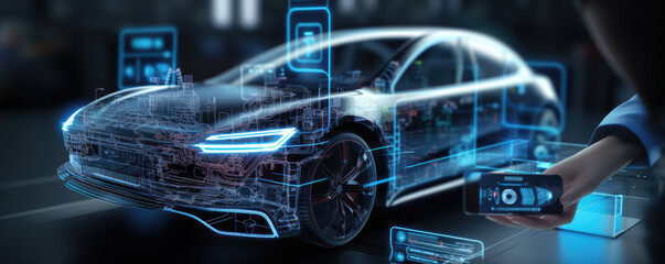 Car or automotive manager works on electric car technology. Future of cars design - obrazy, fototapety, plakaty