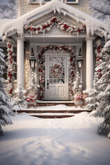 Of a front door of a house decorated for Christmas.
