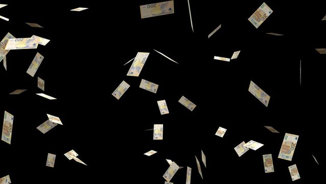 Seamless Loop Falling Raining Money 200 Euro Particle Alpha Channel Transparent Background