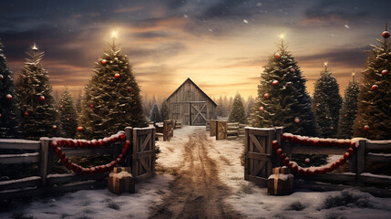 A Christmas tree farm with a rustic wooden