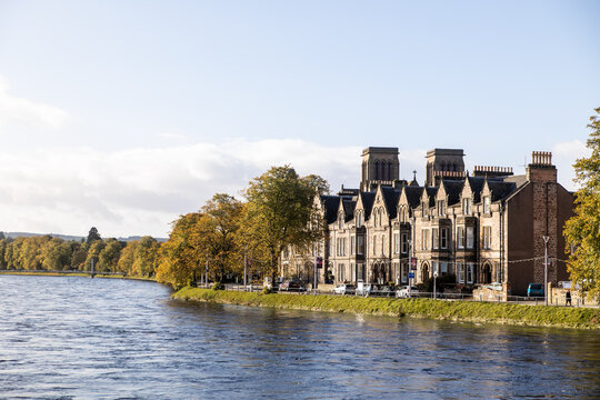 stone town homes along the banks of river ness in inverness, scotland