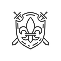 Shield with a coat of arms and swords, linear icon. Line with editable stroke