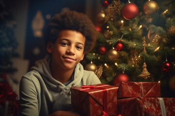 Fototapeta na wymiar Black kid in front of christmas tree,54