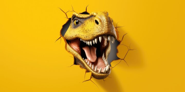 Cute T-Rex peeking out of a hole in wall, torn hole, empty copy space frame, mockup. Generative AI image weber.