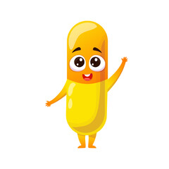 Cute happy medical character medicine capsule in cartoon style.Bright yellow-orange capsule with cute big eyes and smiling mouth. Vector medical illustration for children, hospitals, pharmacies
