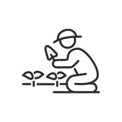 Person is gardening, linear icon. Planting and caring for plants. Line with editable stroke