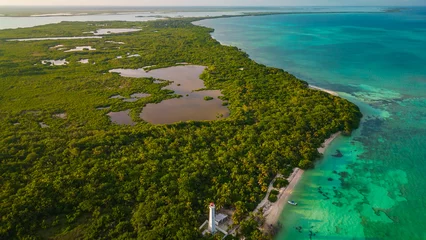 Deurstickers drone fly above natural park biosphere reserve in Tulum Sian Ka'an aerial high angle of punta Allen lighthouse © Michele