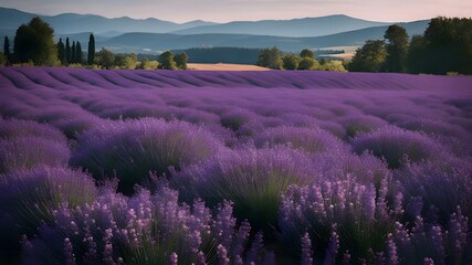 lavender field at sunset  A vast field of purple lavender flowers under a clear blue sky, with a few trees and hills 