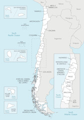 Vector map of Chile with regions and territories and administrative divisions, and neighbouring countries and territories. Editable and clearly labeled layers.