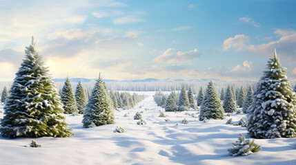 A Christmas tree farm with rows of trees and snow