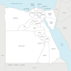 Vector map of Egypt with governorates or provinces and administrative divisions, and neighbouring countries. Editable and clearly labeled layers.