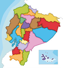 Vector illustrated blank map of Ecuador with provinces and administrative divisions, and neighbouring countries. Editable and clearly labeled layers.