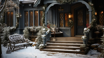 Christmas decorations on the porch of a private house in the winter.