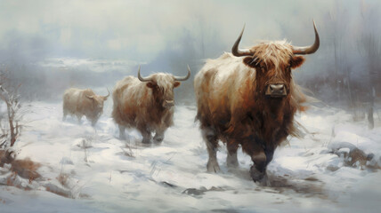 Highland cow on a pasture, snowy winter landscape. Digital painting.