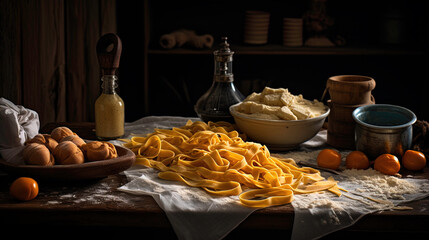 In the Kitchen Alchemy: A Close-up of Fresh Pasta and Its Delectable Ingredients.