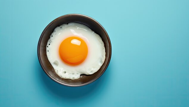  a fried egg in a frying pan on a blue background with a heart shaped egg in the middle of the frying pan.