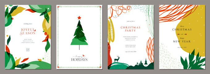 Modern Holiday cards. Abstract Christmas templates with universal decorative frames and copy space, Christmas Tree, deer and greetings.