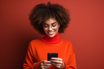 Fototapeta na wymiar Portrait of a smiling young African American woman wearing casual clothes, on a red background. People lifestyle concept. Copy space mockup. Using a mobile phone by typing an SMS message
