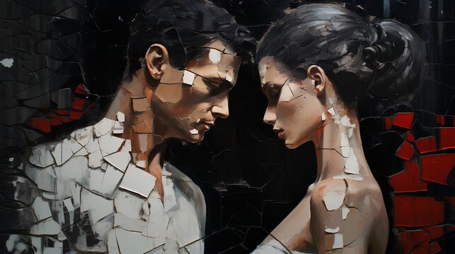 Portrait artwork of man and woman because of rotten and rust peeling paint in romantic scene