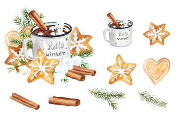 Watercolor hand drawn set of Christmas elements in nature colors with winter cup of cacao and gingerbreads