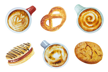 Watercolor set of hand drawn elements of coffee and cookies