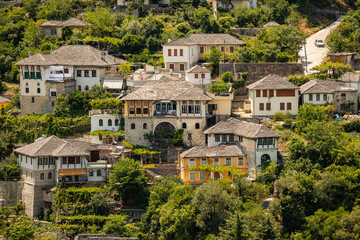 Fototapeta na wymiar City of Gjirokastër in Southern Albania. Old ¨Town is a UNESCO World Heritage Site. Closeup of Architectural Buildings.
