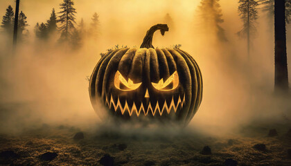 Generated imagescary halloween pumpkin on background with fog , generated by AI