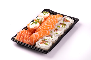 sushi delivery tray isolated on white background at angle