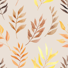 Watercolor vintage flowers seamless pattern with boho gold leaves. For boho or rustic style decoration