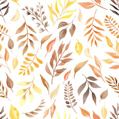 Fototapeta na wymiar Watercolor vintage flowers seamless pattern with boho gold leaves. For boho or rustic style decoration
