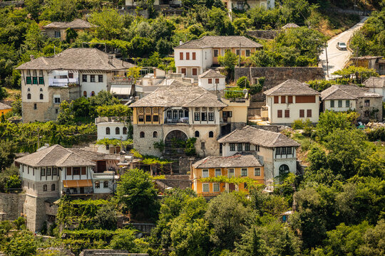 City of Gjirokast&euml;r in Southern Albania. Old &uml;Town is a UNESCO World Heritage Site. Closeup of Architectural Buildings.
