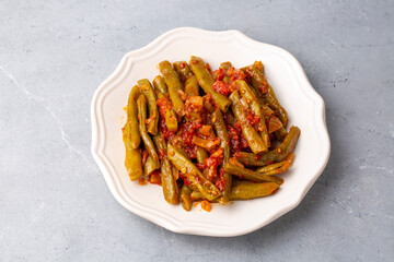 Traditional delicious Turkish food; Green beans with olive oil; Turkish name; Zeytinyagli taze fasulye