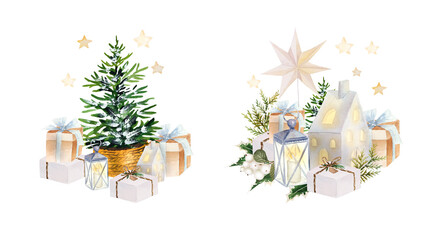 Watercolor christmas compositions with christmas tree candlestick as house and floral composition