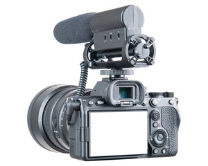 Photo, video camera with microphone. Digital or Dslr camera. Photographer or videographer studio for recording film project. Professional blogger, television equipment. Camera, display, lens - obrazy, fototapety, plakaty