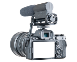 Photo, video camera with microphone. Digital or Dslr camera. Photographer or videographer studio for recording film project. Professional blogger, television equipment. Camera, display, lens