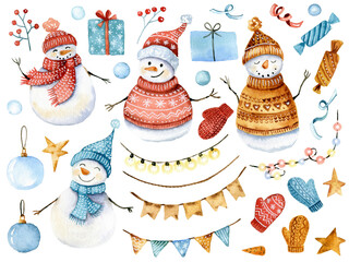 Cute snowmen in knitting hats hand drawn watercolor christmas character set.